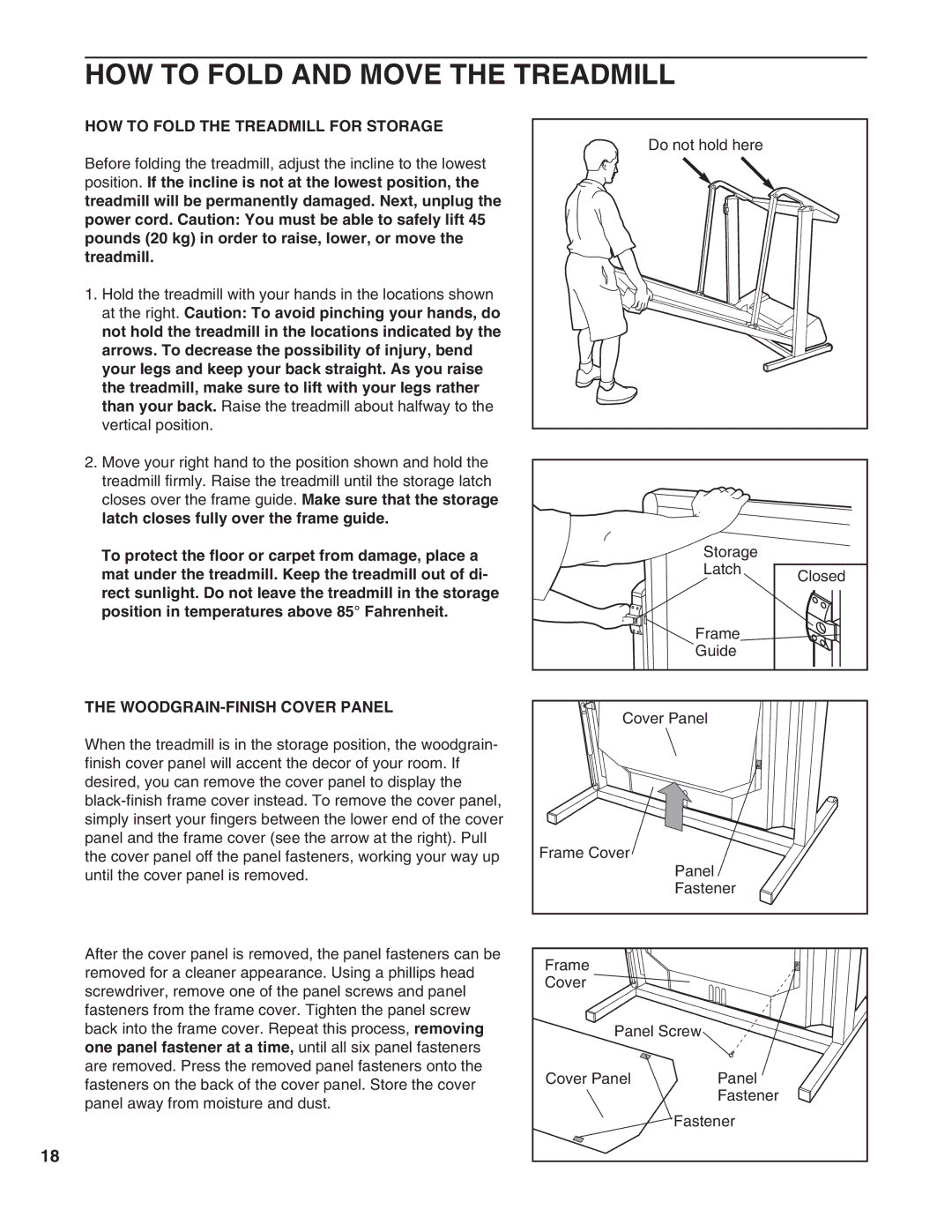 ProForm 831.297763 HOW to Fold and Move the Treadmill, HOW to Fold the Treadmill for Storage, WOODGRAIN-FINISH Cover Panel 