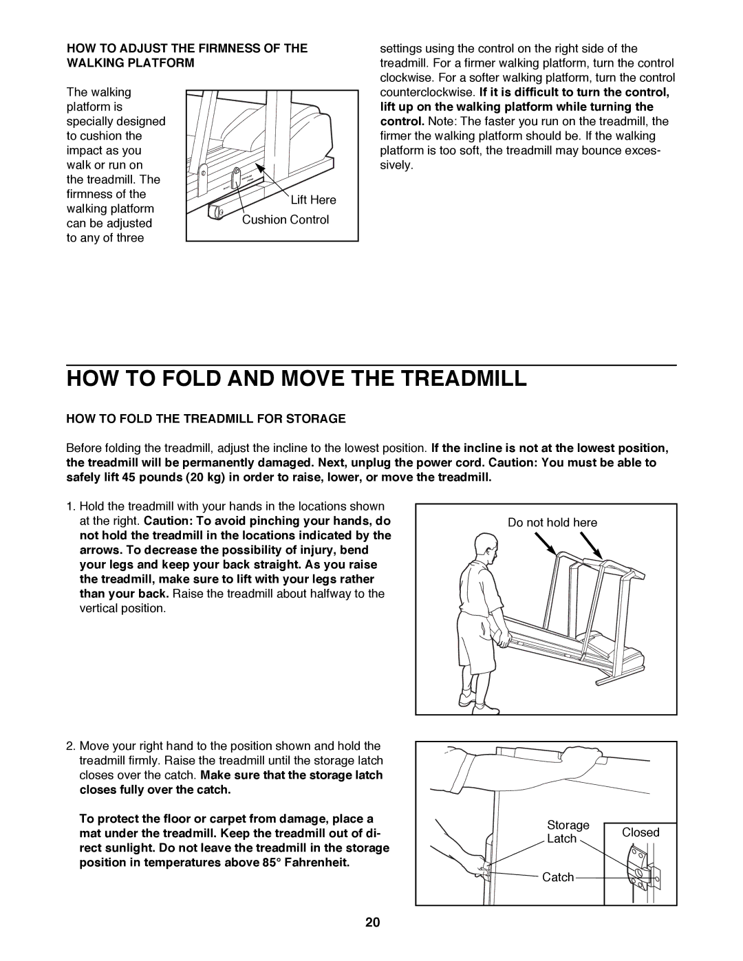 ProForm 831.297780 user manual HOW to Fold and Move the Treadmill, HOW to Adjust the Firmness of the Walking Platform 