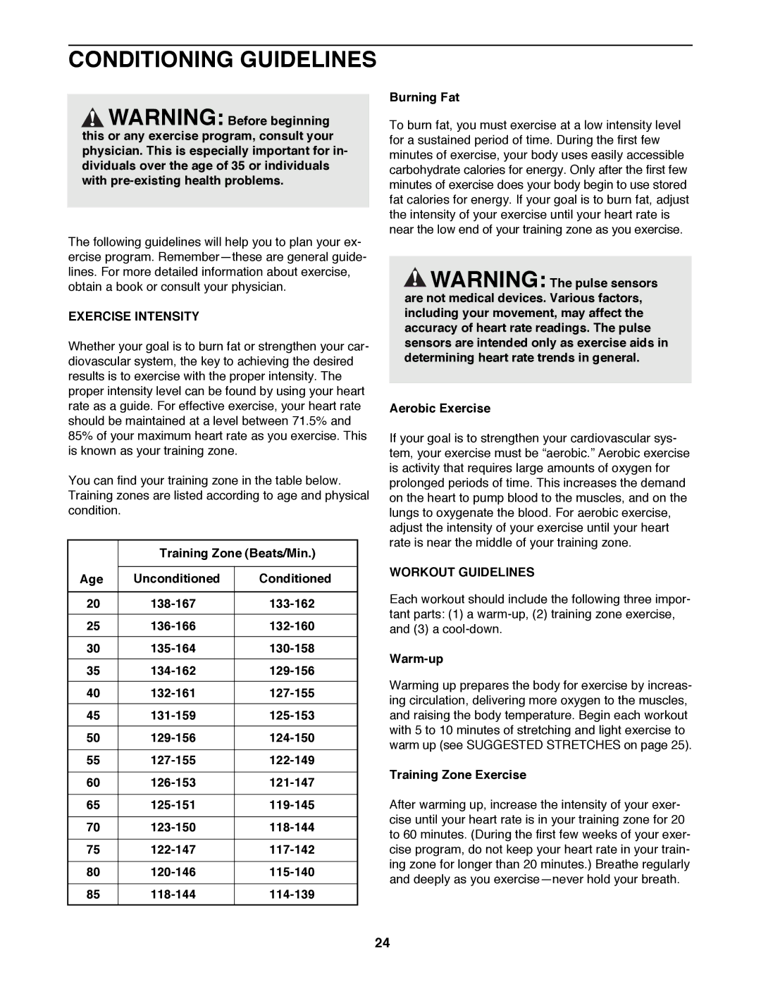 ProForm 831.297781 user manual Conditioning Guidelines, Exercise Intensity, Workout Guidelines 