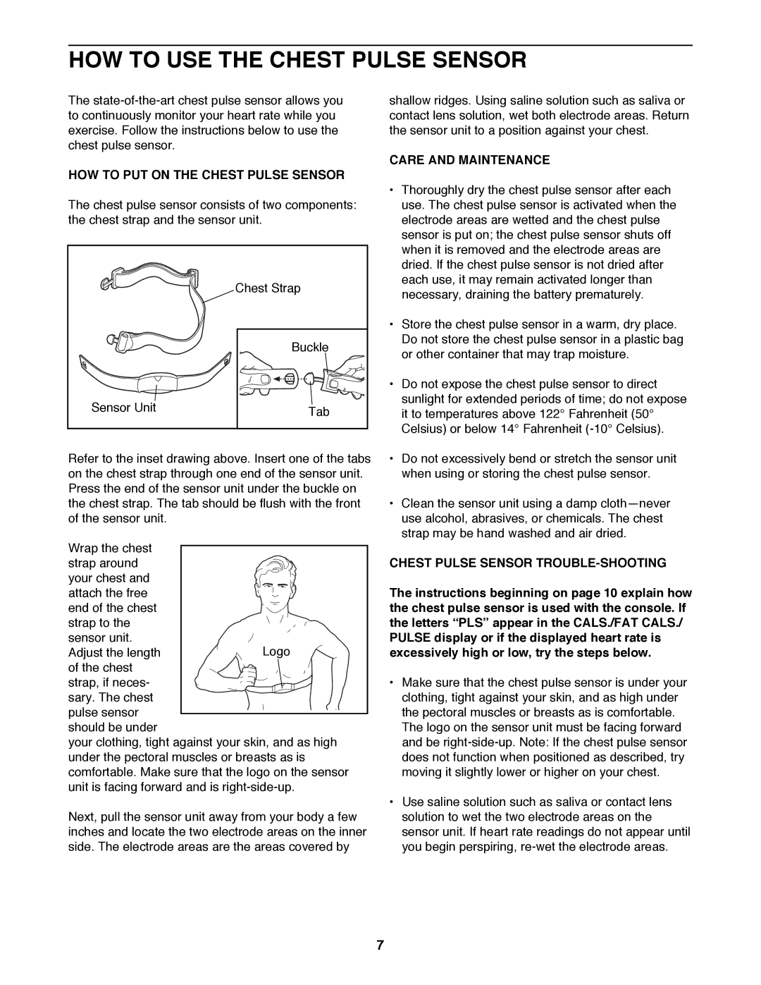 ProForm 831.297781 HOW to USE the Chest Pulse Sensor, HOW to PUT on the Chest Pulse Sensor, Care and Maintenance 