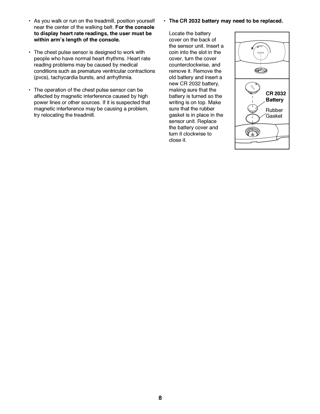 ProForm 831.297781 user manual ¥ The CR 2032 battery may need to be replaced, Battery 