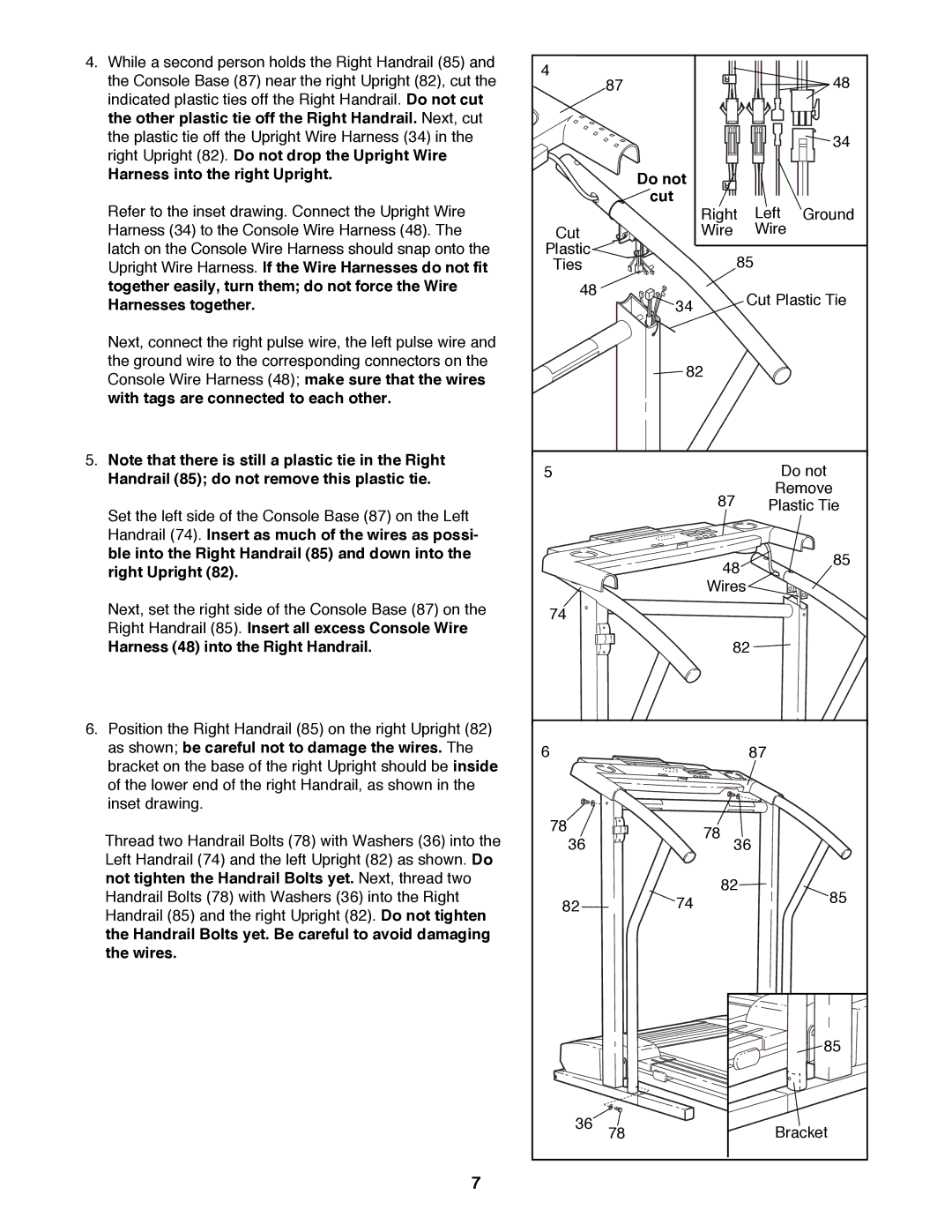 ProForm 831.297791 user manual Harness into the right Upright, Harness 48 into the Right Handrail, Do not Cut 