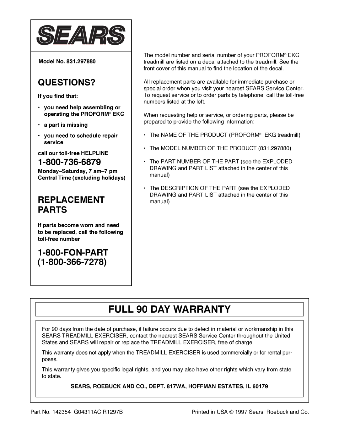 ProForm 831.297880 user manual Full 90 DAY Warranty, Model No, SEARS, Roebuck and CO., Dept WA, Hoffman ESTATES, IL 