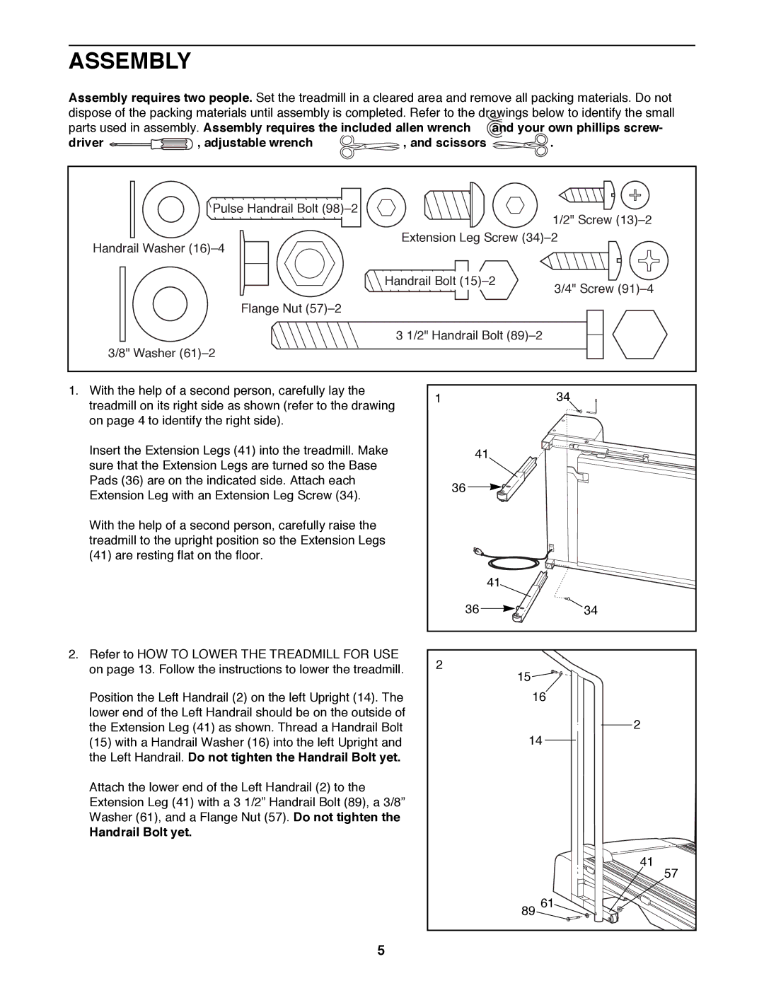 ProForm 831.297880 user manual Assembly, Handrail Bolt yet 