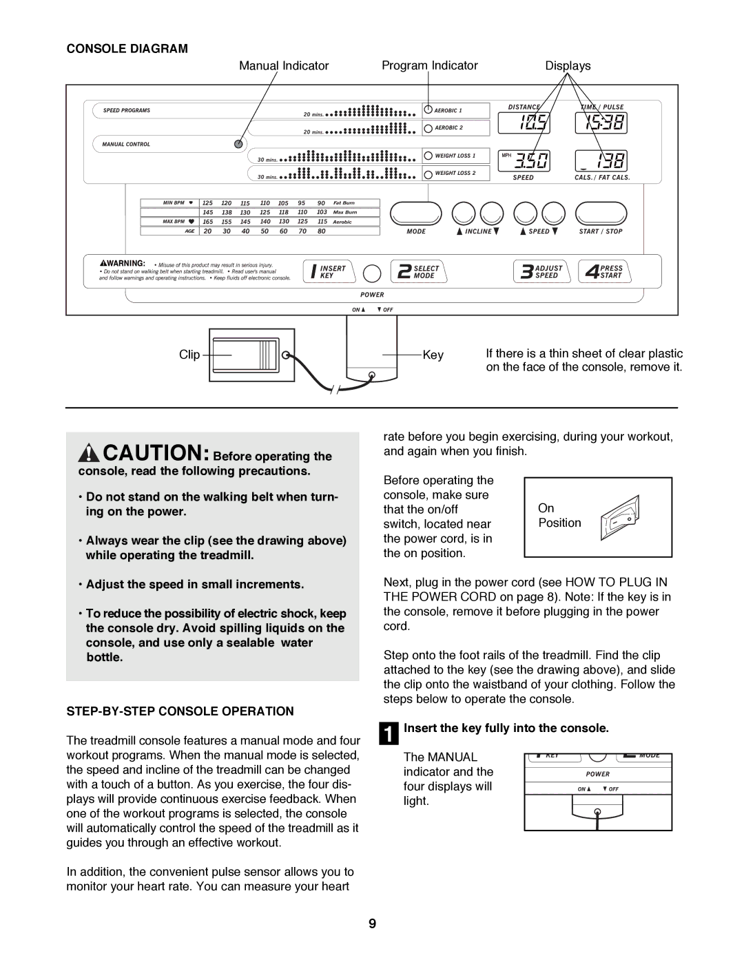 ProForm 831.297890 user manual Console Diagram, STEP-BY-STEP Console Operation, Insert the key fully into the console 