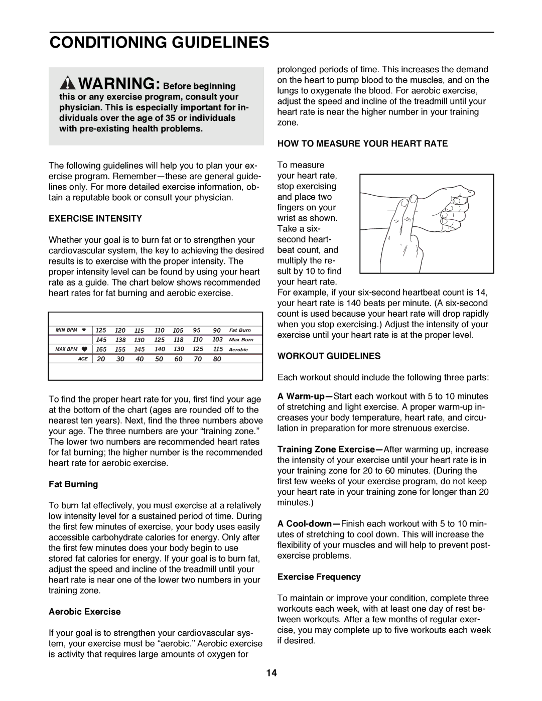 ProForm 831.297950 Conditioning Guidelines, HOW to Measure Your Heart Rate, Exercise Intensity, Workout Guidelines 