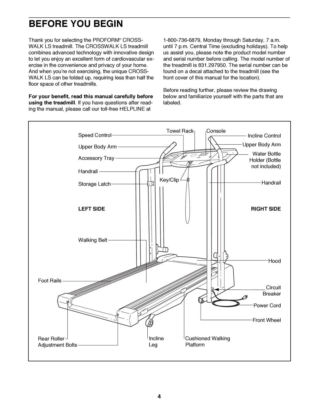 ProForm 831.297950 user manual Before YOU Begin, Left Side Right Side 