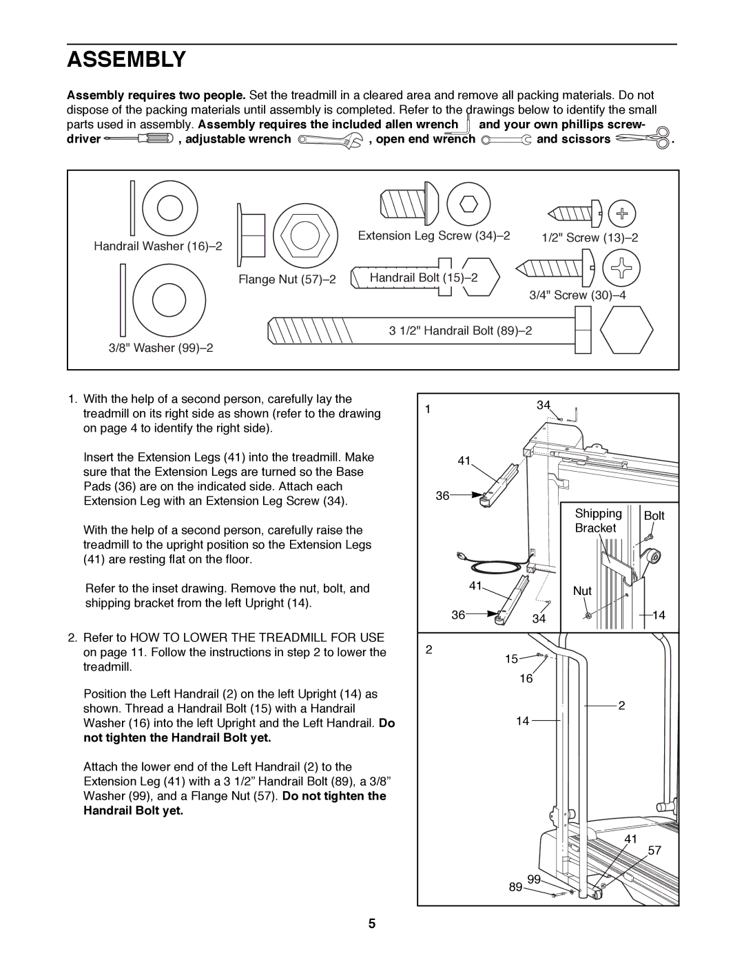 ProForm 831.297950 user manual Assembly, Handrail Bolt yet 