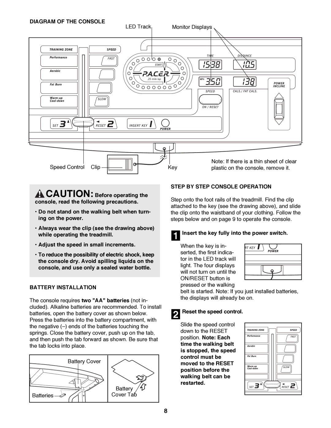 ProForm 831.297950 Diagram of the Console, Battery Installation, Step by Step Console Operation, Reset the speed control 