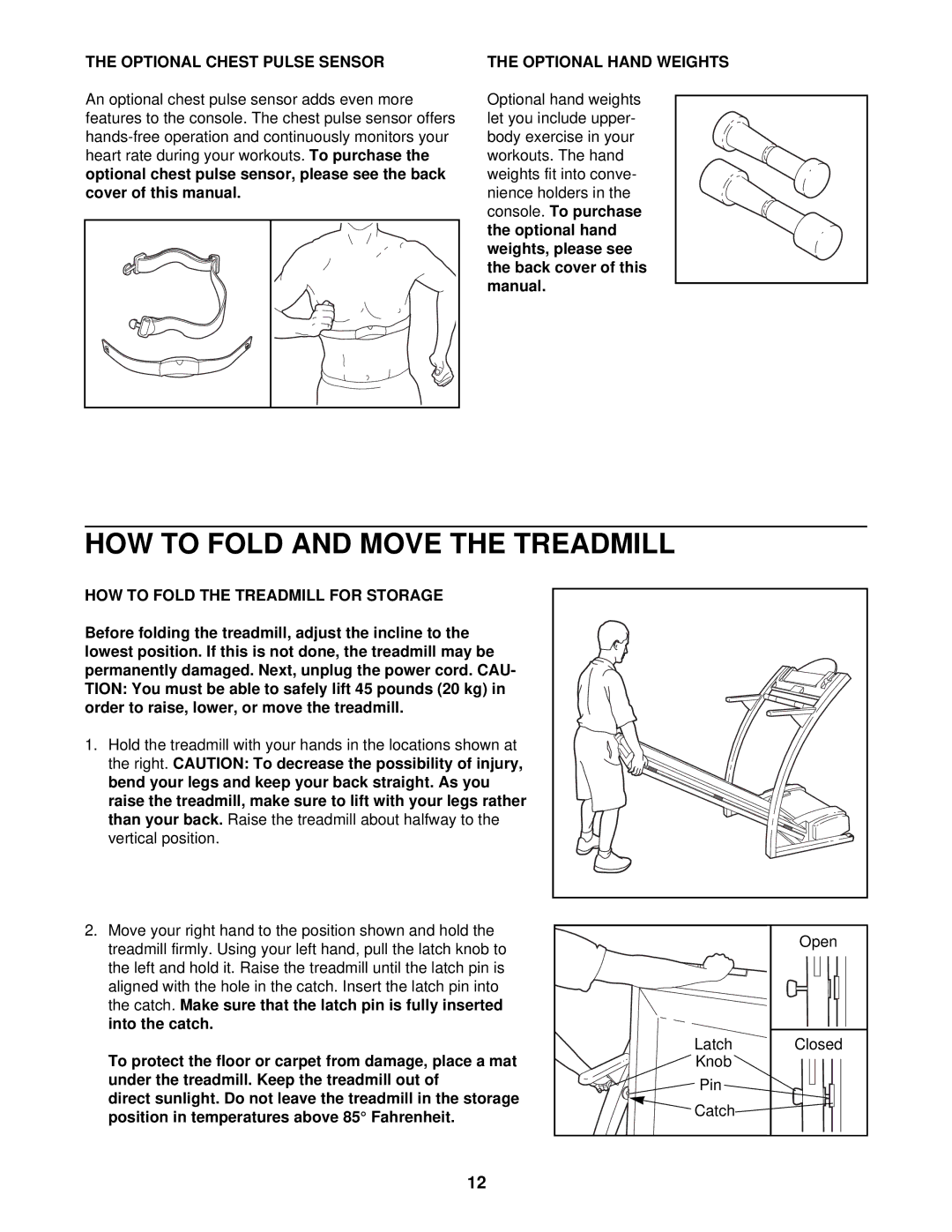 ProForm 831.297980 user manual HOW to Fold and Move the Treadmill, Optional Chest Pulse Sensor, Optional Hand Weights 