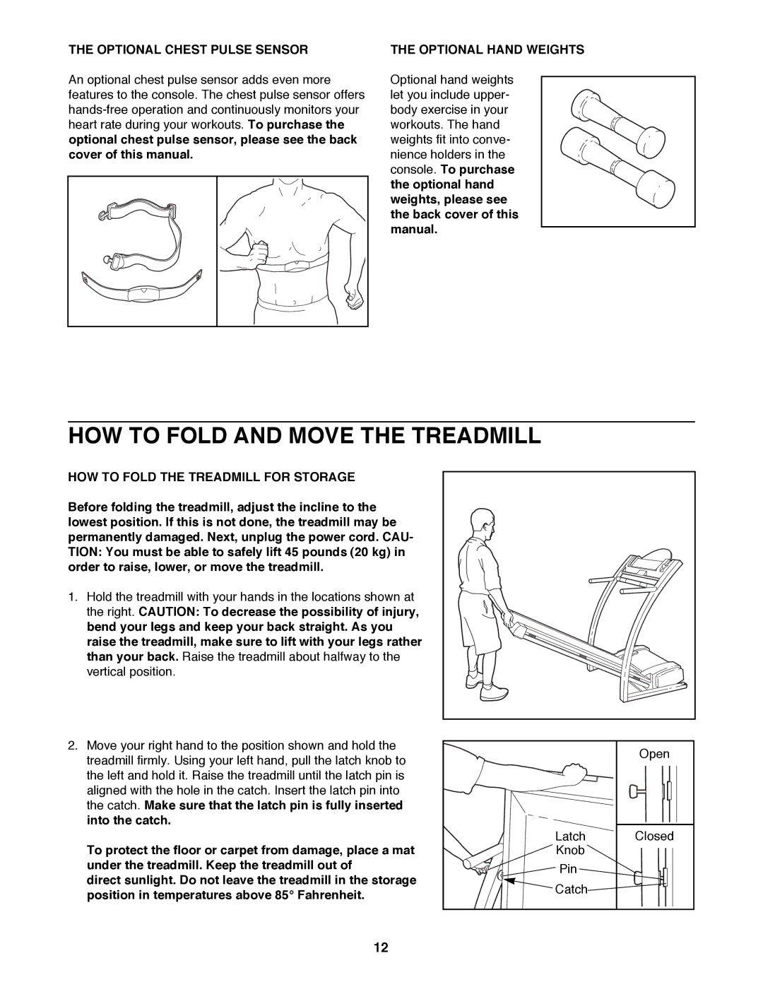 ProForm 831.297982 user manual HOW to Fold and Move the Treadmill, Optional Chest Pulse Sensor, Optional Hand Weights 