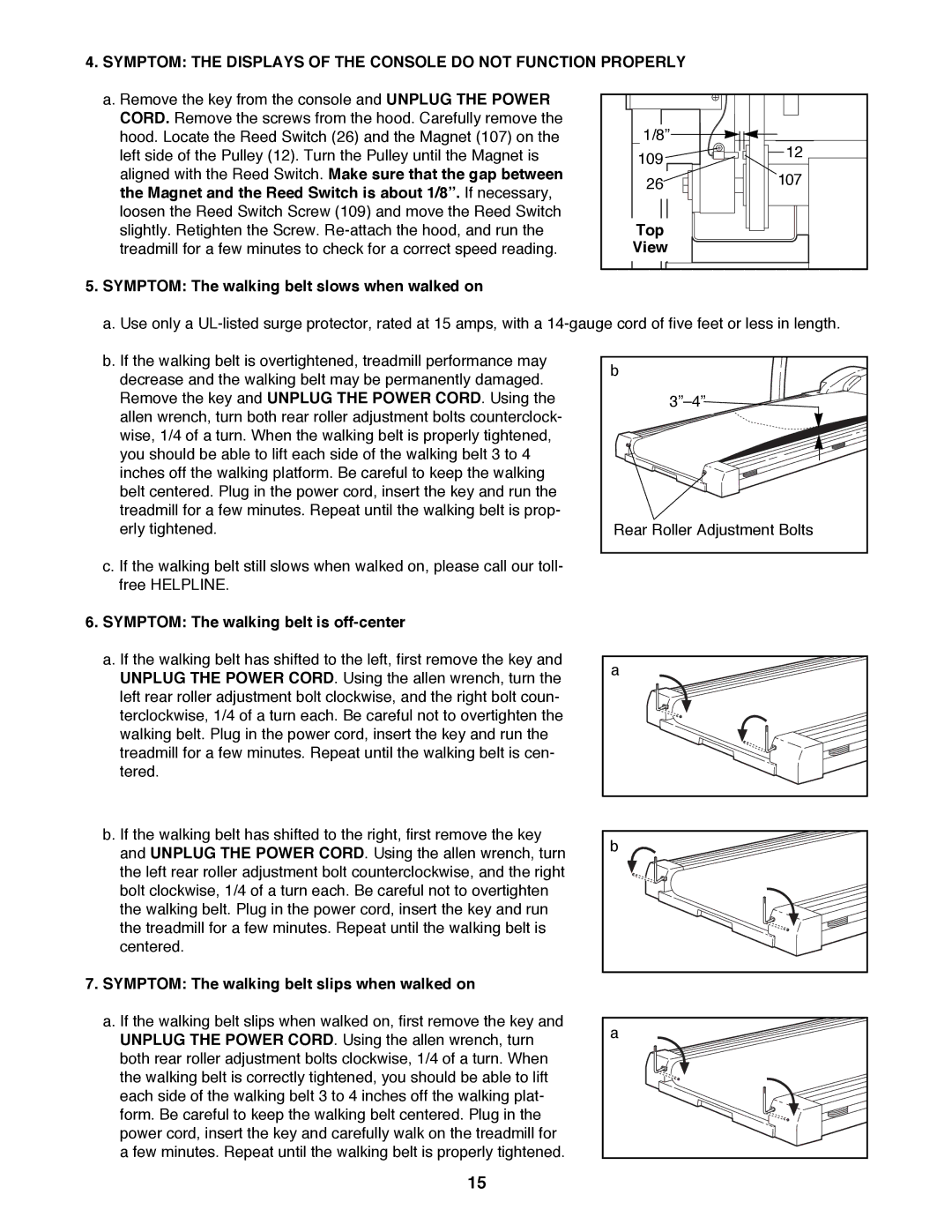 ProForm 831.297982 user manual Symptom The walking belt slows when walked on, Top, Symptom The walking belt is off-center 