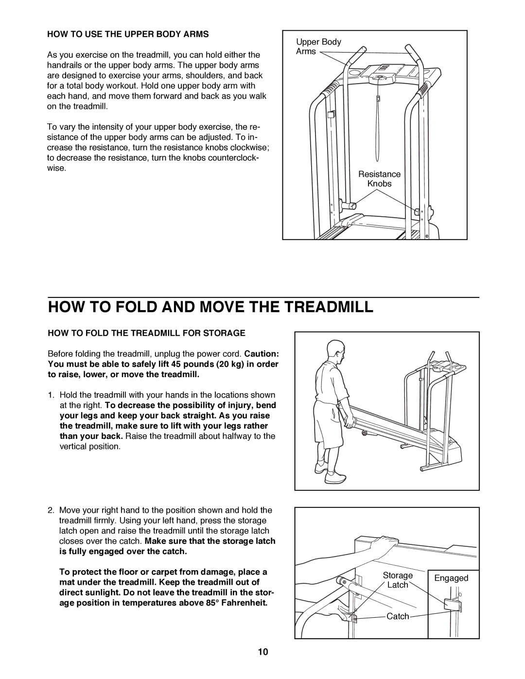 ProForm 831.298061 user manual HOW to Fold and Move the Treadmill, HOW to USE the Upper Body Arms 