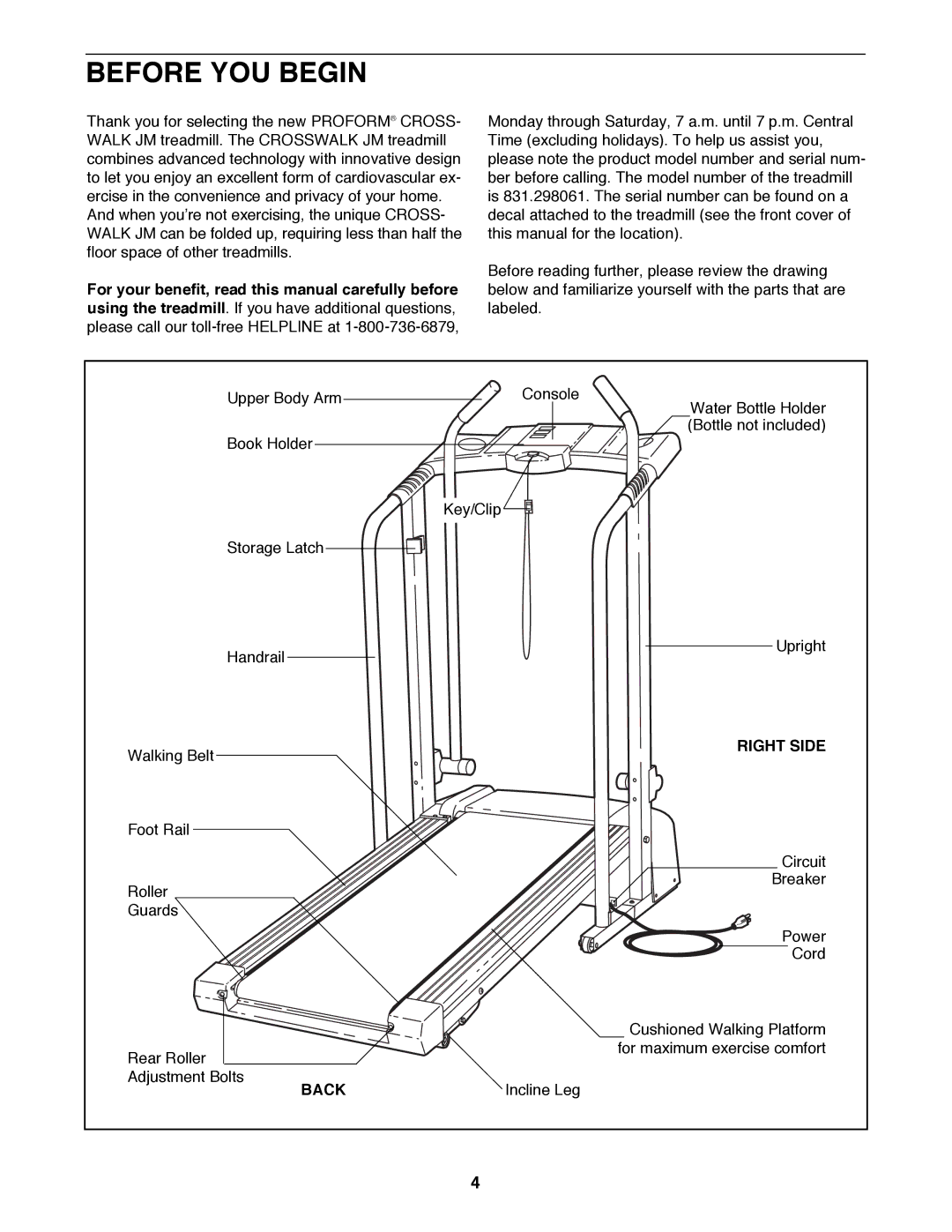 ProForm 831.298061 user manual Before YOU Begin, Right Side, Back 