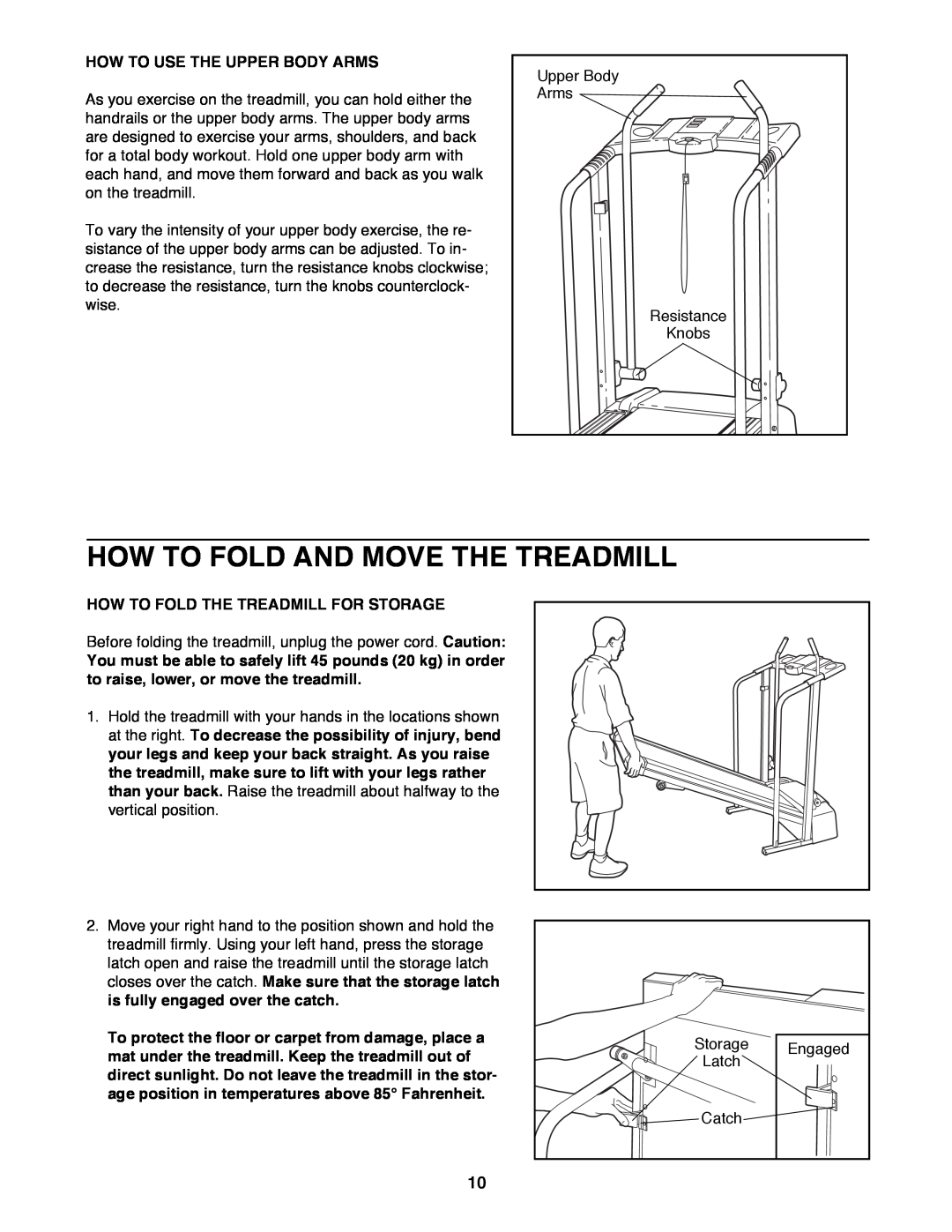 ProForm 831.298061 user manual How To Fold And Move The Treadmill, How To Use The Upper Body Arms 