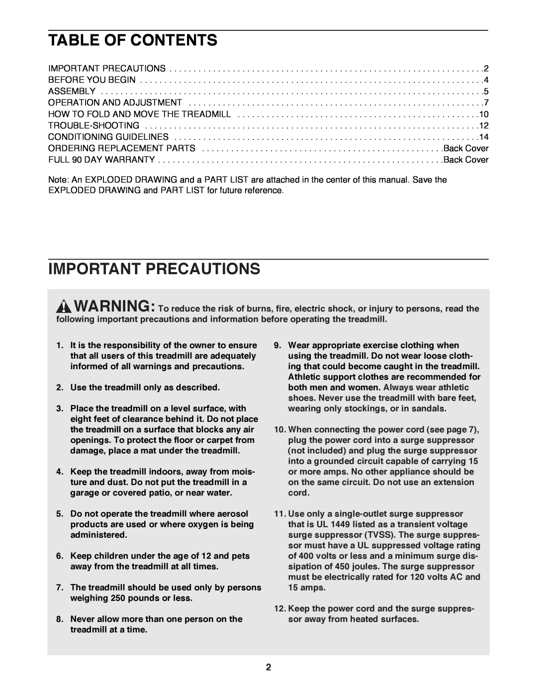 ProForm 831.298061 user manual Table Of Contents, Important Precautions, Use the treadmill only as described 