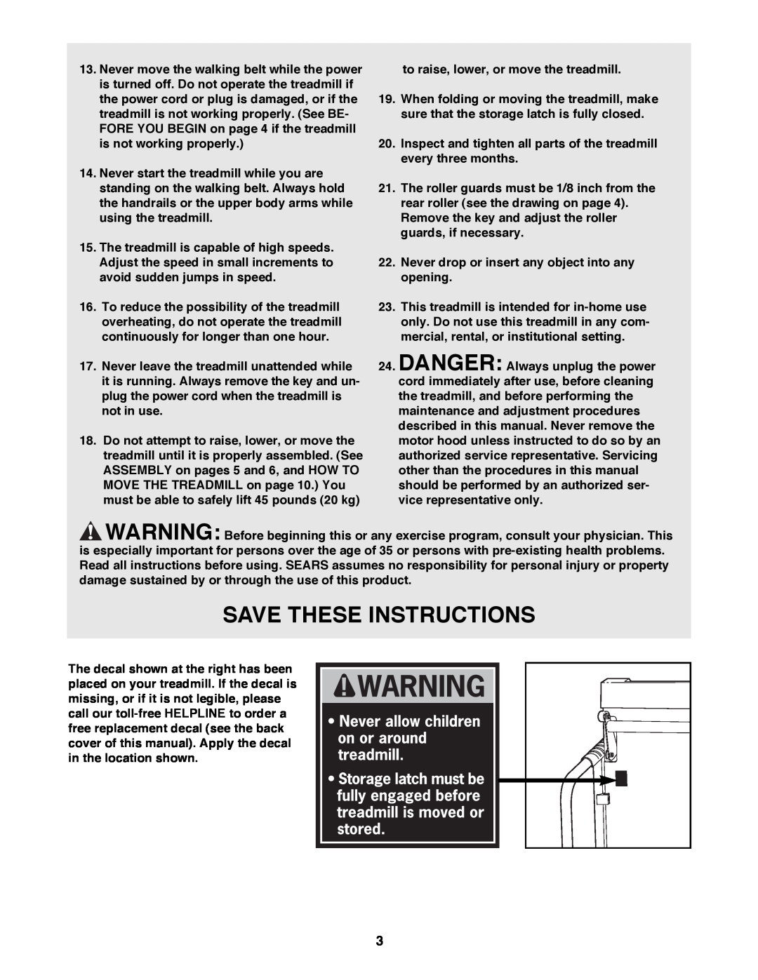 ProForm 831.298061 user manual Save These Instructions, to raise, lower, or move the treadmill 