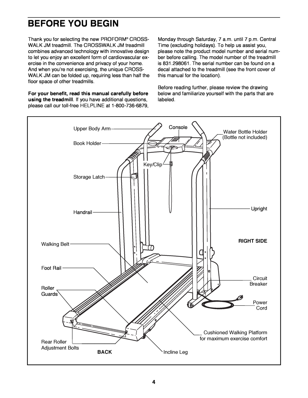 ProForm 831.298061 user manual Before You Begin, Right Side, Back 