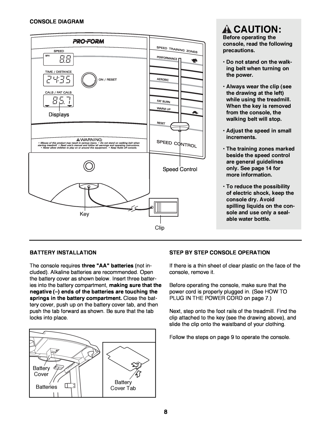 ProForm 831.298061 Console Diagram, Before operating the console, read the following precautions, Battery Installation 