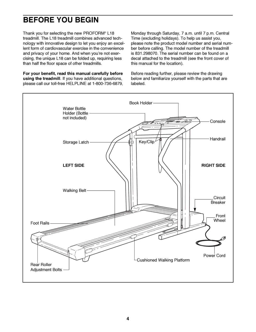 ProForm 831.298070 user manual Before YOU Begin, Left Side Right Side 