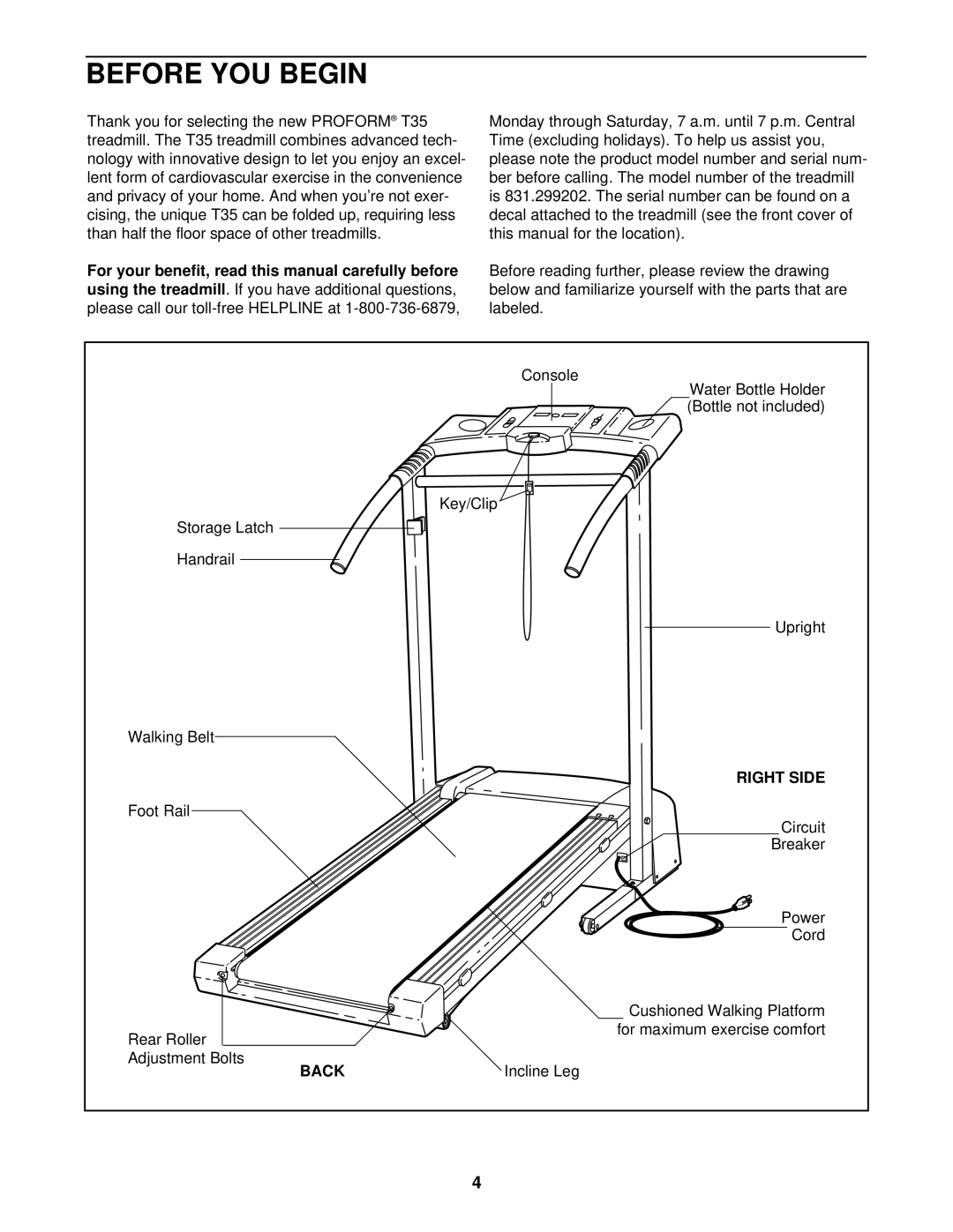 ProForm 831.299202 user manual Before YOU Begin, Right Side, Back 