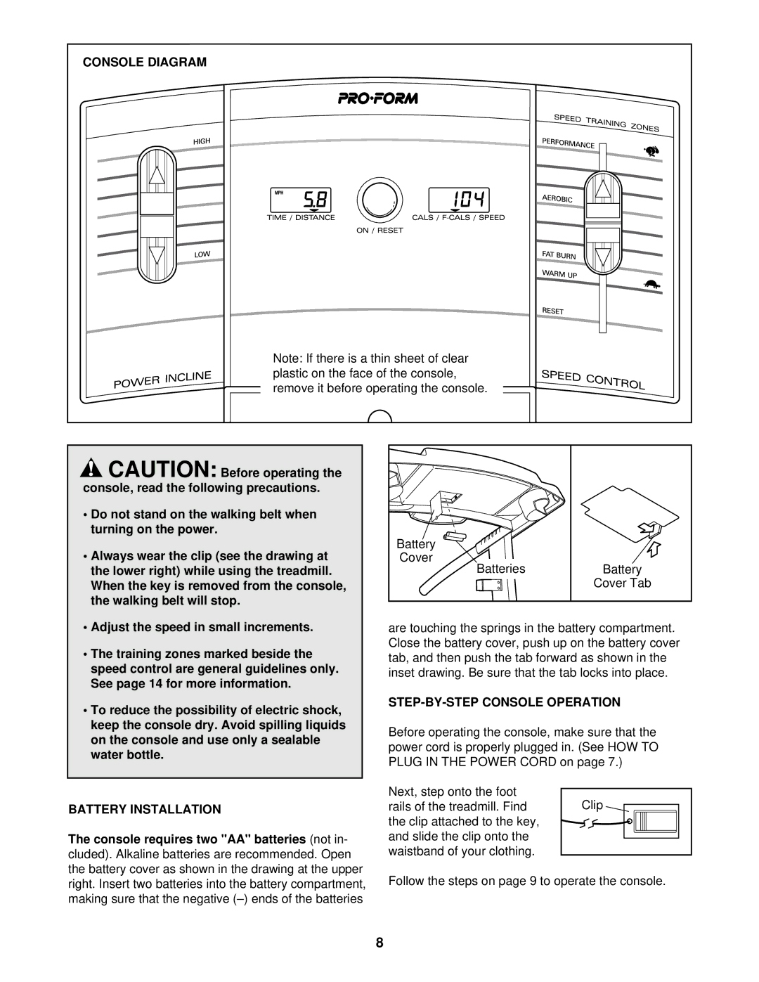 ProForm 831.299202 user manual Console Diagram, Battery Installation, STEP-BY-STEP Console Operation 