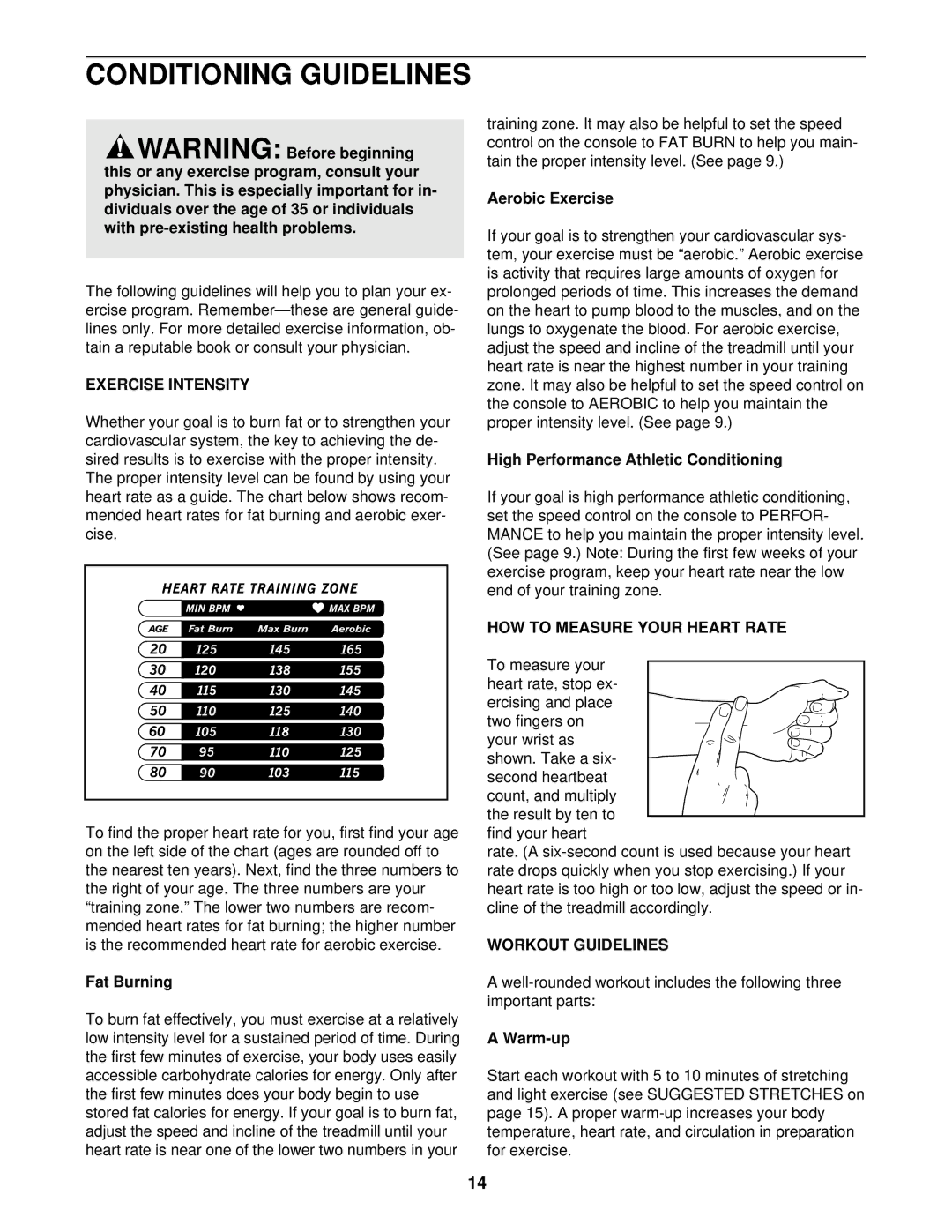 ProForm 831.299210 Conditioning Guidelines, Exercise Intensity, HOW to Measure Your Heart Rate, Workout Guidelines 