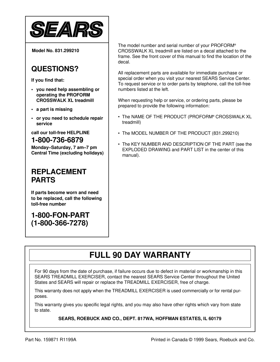 ProForm 831.299210 user manual Full 90 DAY Warranty, Model No, SEARS, Roebuck and CO., Dept WA, Hoffman ESTATES, IL 