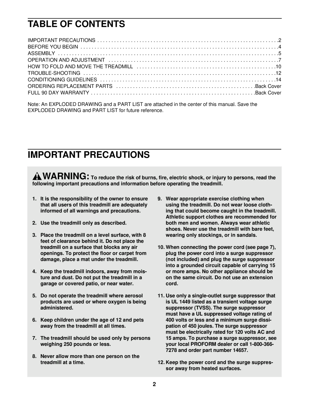 ProForm 831.299210 user manual Table of Contents, Important Precautions 