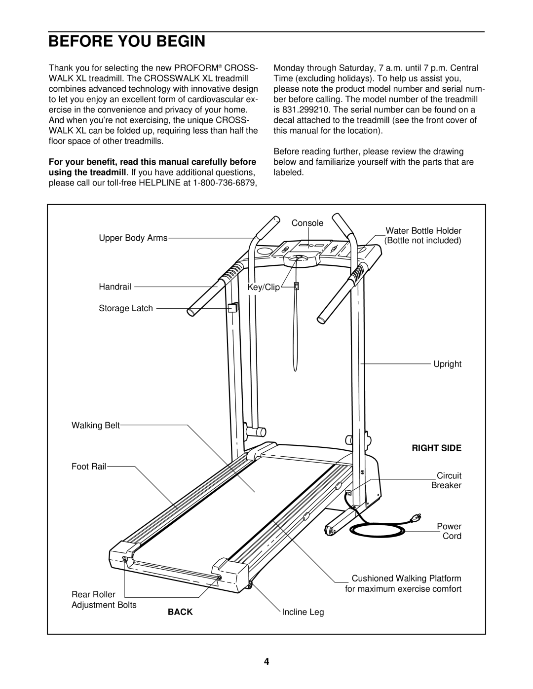 ProForm 831.299210 user manual Before YOU Begin, Right Side, Back 