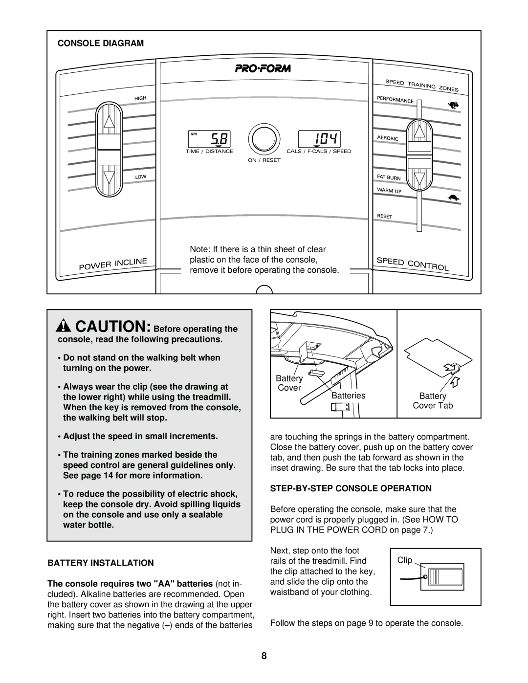 ProForm 831.299210 user manual Console Diagram, Battery Installation, STEP-BY-STEP Console Operation 