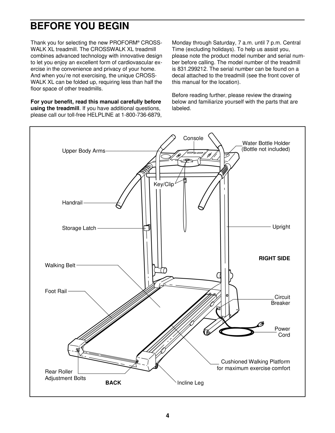 ProForm 831.299212 user manual Before YOU Begin, Right Side, Back 