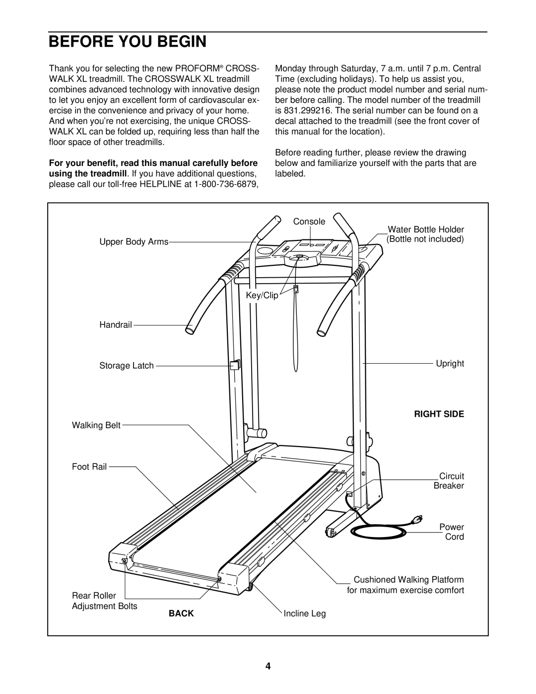 ProForm 831.299216 user manual Before YOU Begin, Right Side, Back 