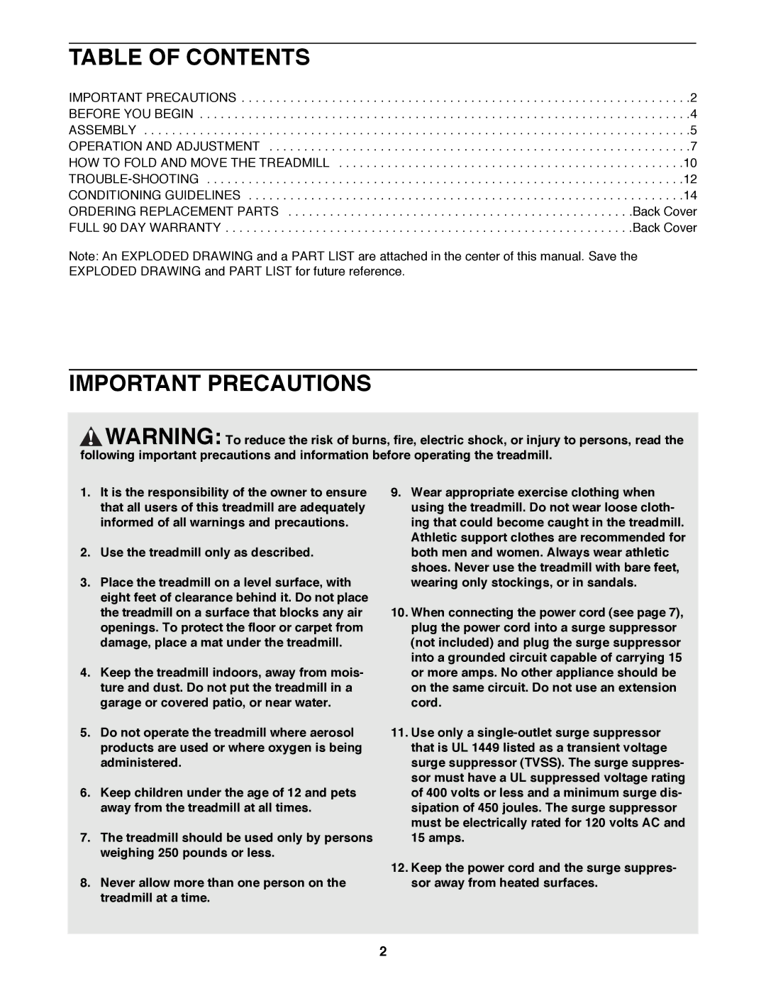 ProForm 831.299230 user manual Table of Contents, Important Precautions 