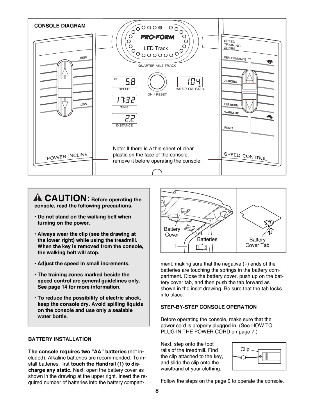 ProForm 831.299230 user manual Console Diagram, Battery Installation, STEP-BY-STEP Console Operation 