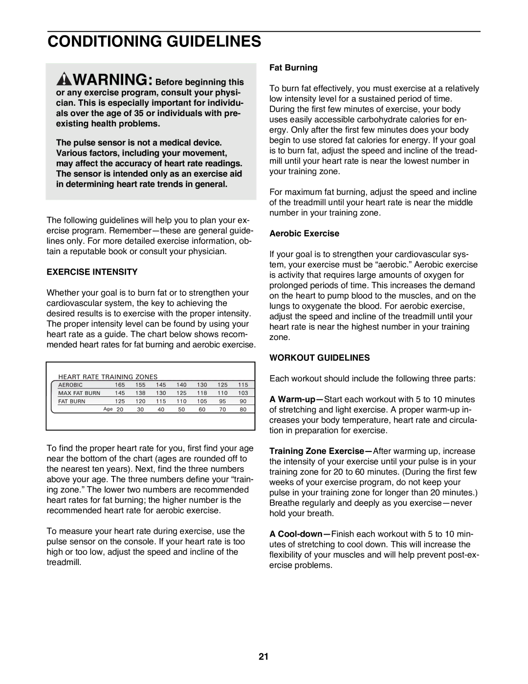 ProForm 831.299243 Conditioning Guidelines, Exercise Intensity, Fat Burning, Aerobic Exercise, Workout Guidelines 