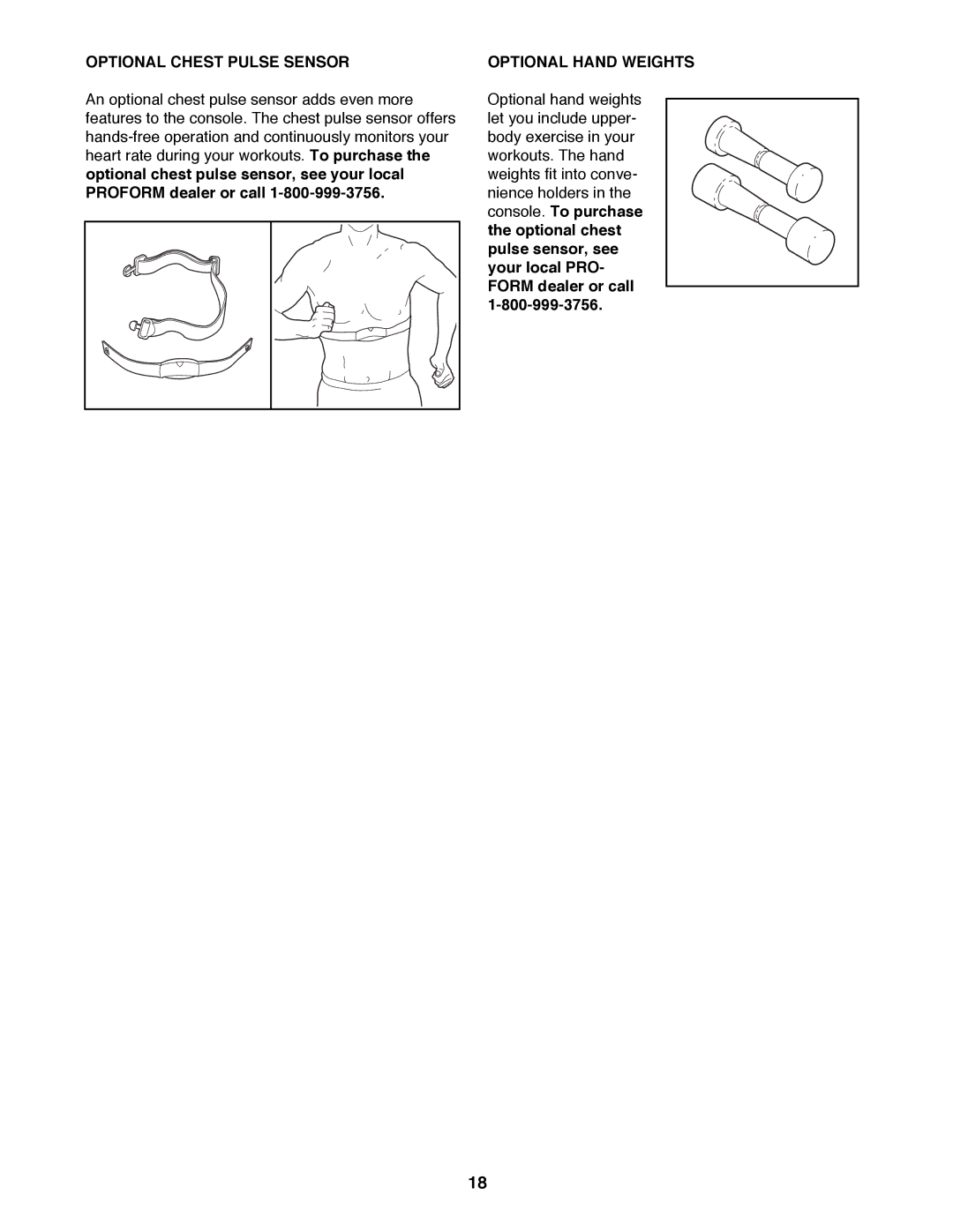 ProForm 831.299252 user manual Optional Chest Pulse Sensor, Optional Hand Weights 