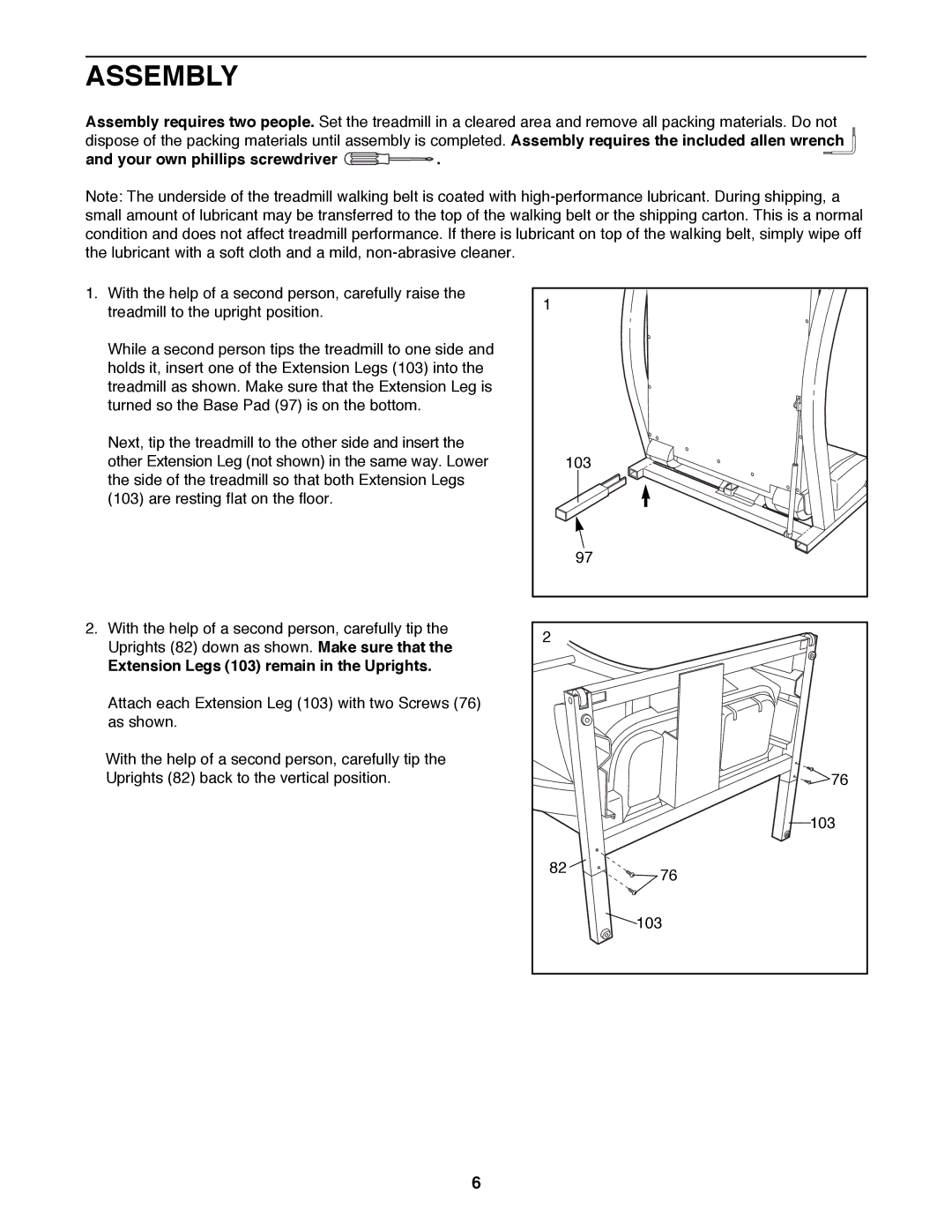 ProForm 831.299281 user manual Assembly, Your own phillips screwdriver, Extension Legs 103 remain in the Uprights 