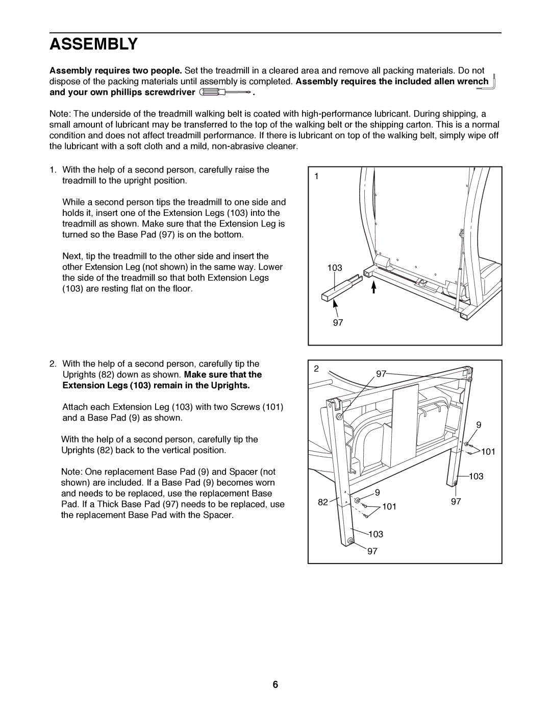 ProForm 831.299283 user manual Assembly, Your own phillips screwdriver, Extension Legs 103 remain in the Uprights 