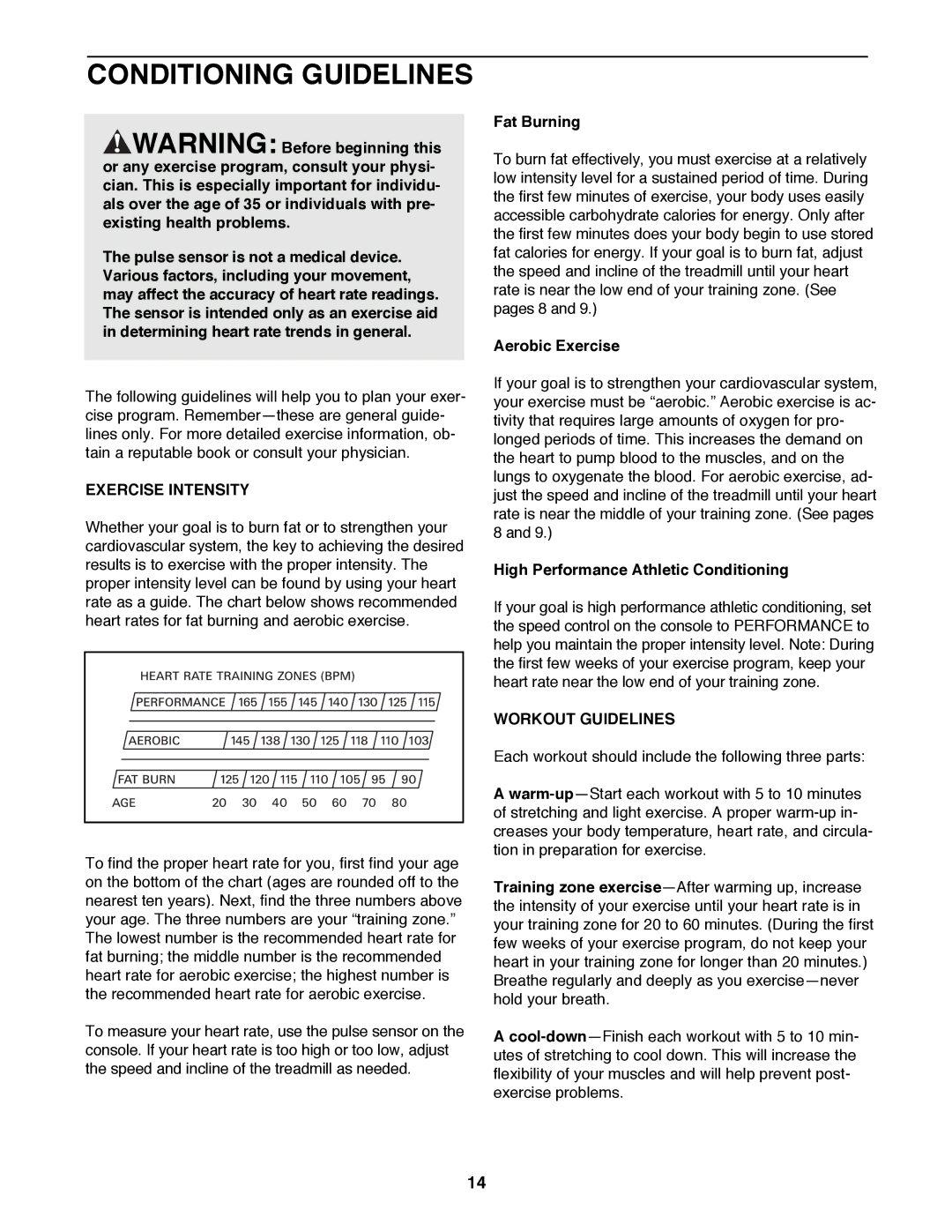 ProForm 831.299371 user manual Conditioning Guidelines, Exercise Intensity, Workout Guidelines 