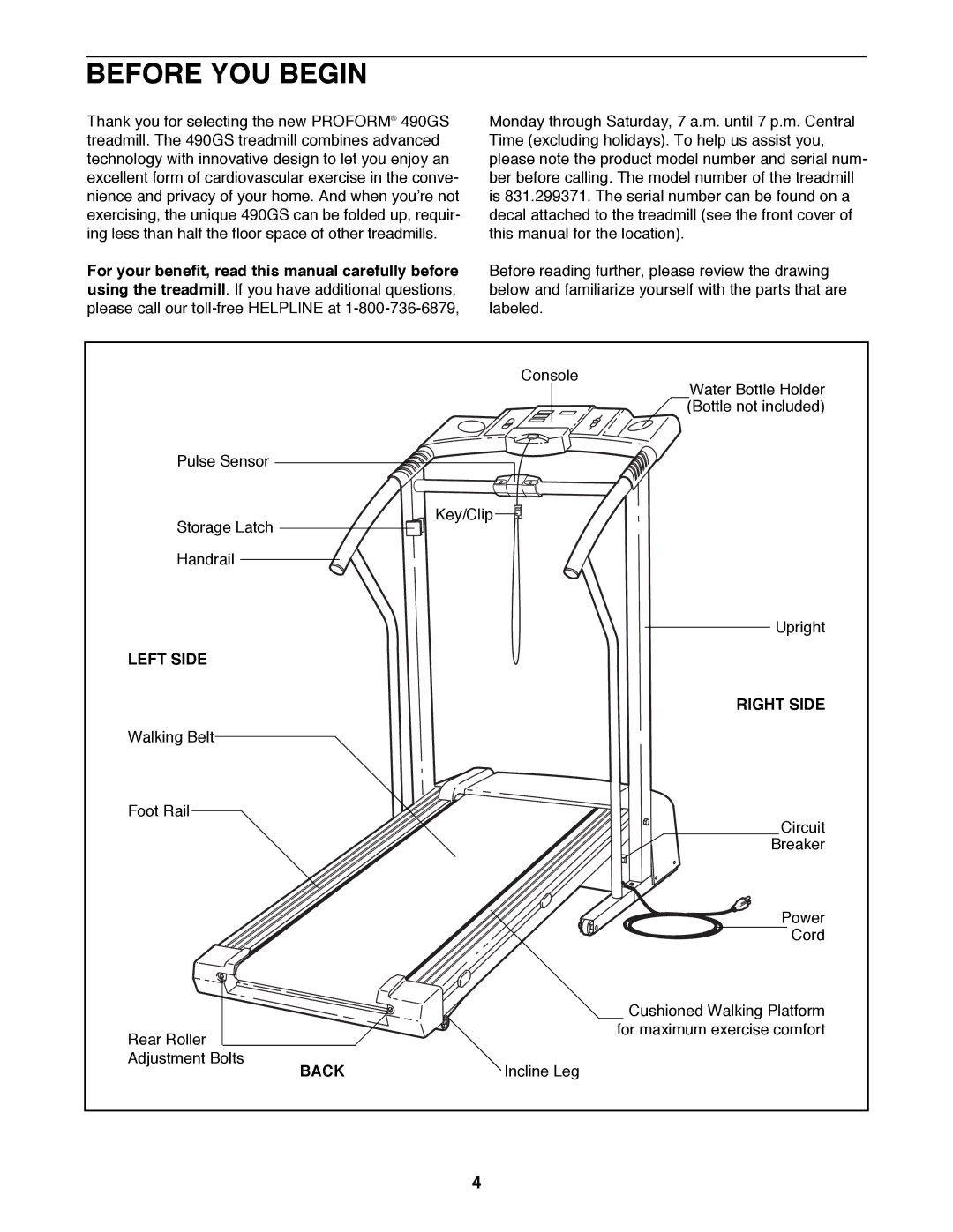 ProForm 831.299371 user manual Before YOU Begin, Left Side Right Side, Back 