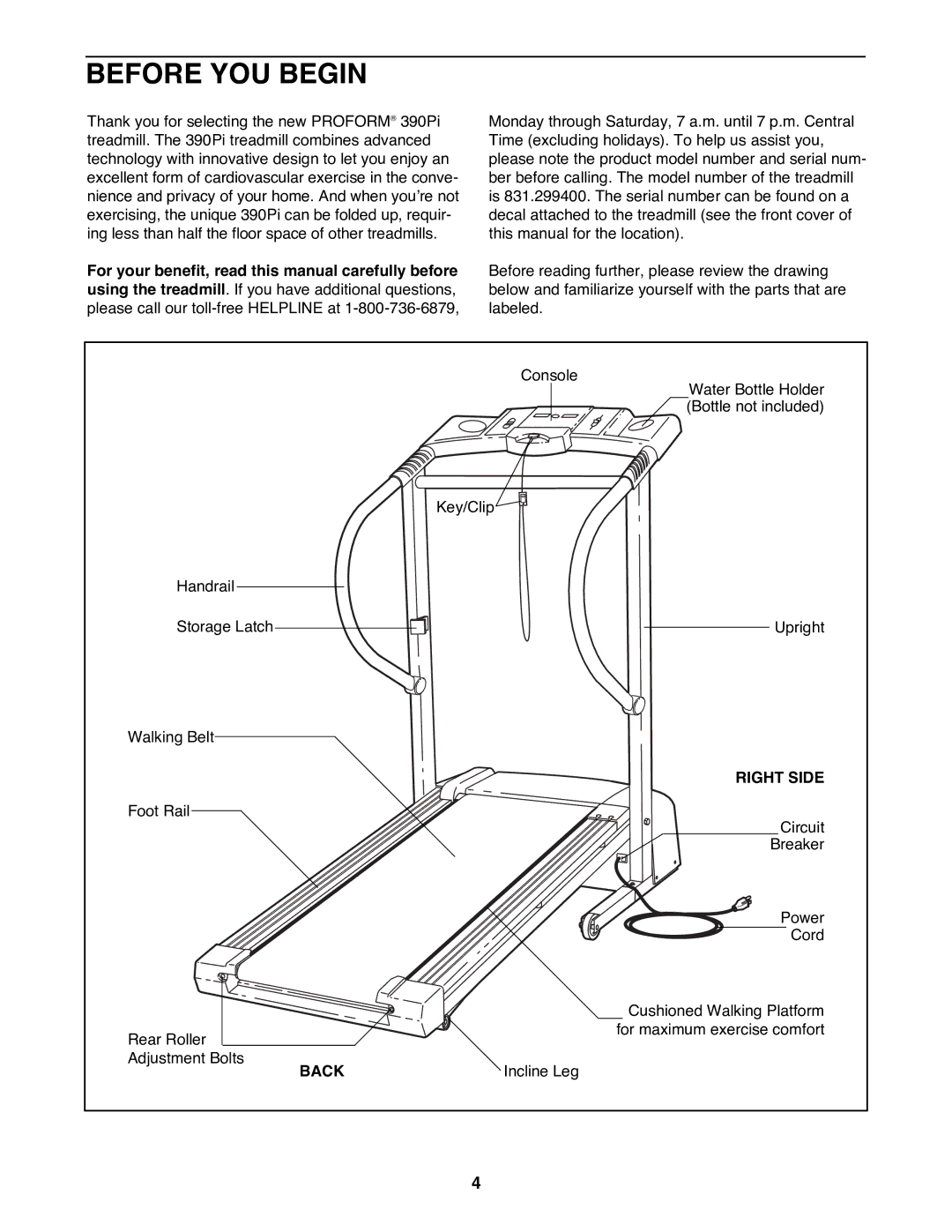 ProForm 831.299400 user manual Before YOU Begin, Right Side, Back 