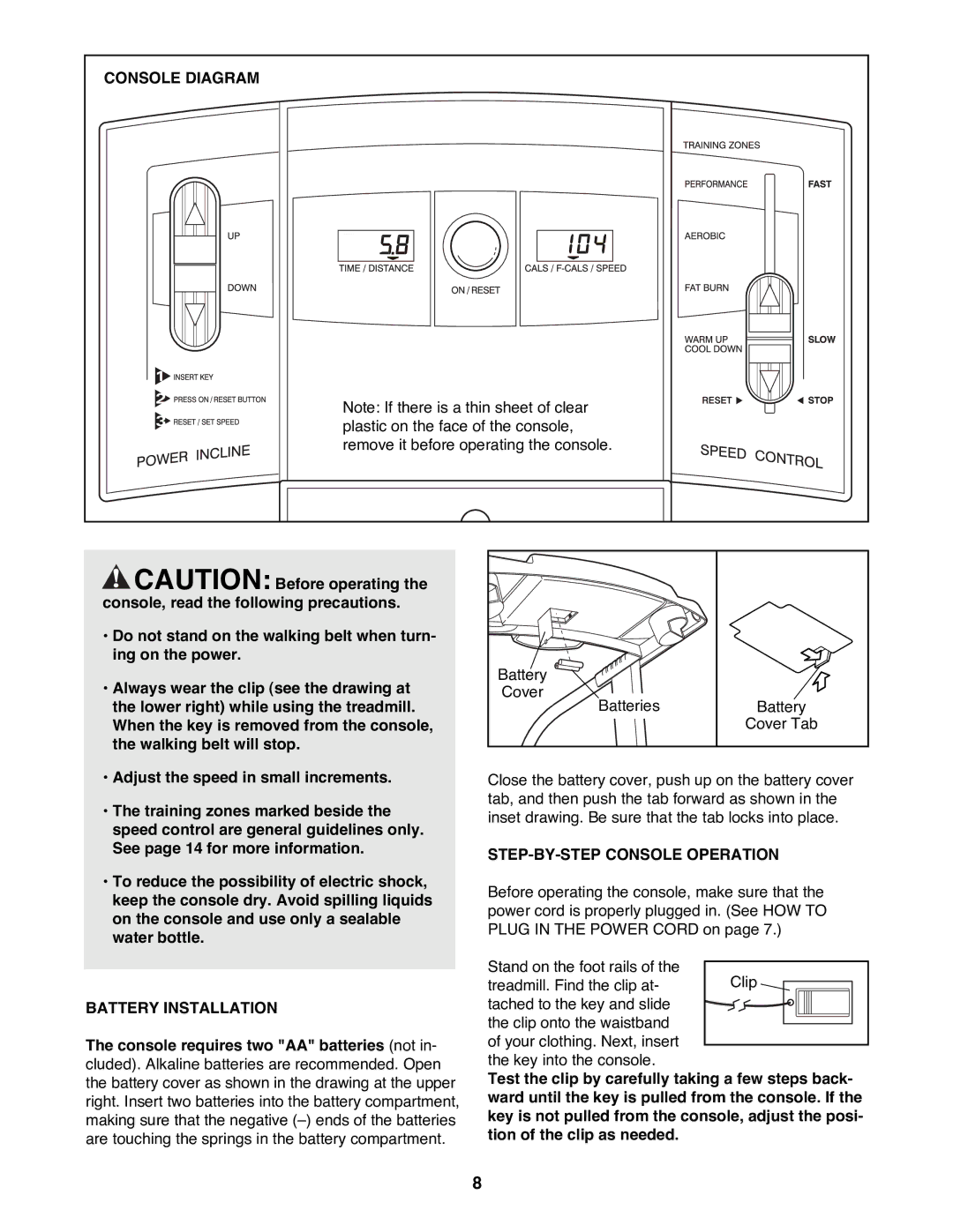 ProForm 831.299400 user manual Console Diagram, Battery Installation, STEP-BY-STEP Console Operation 