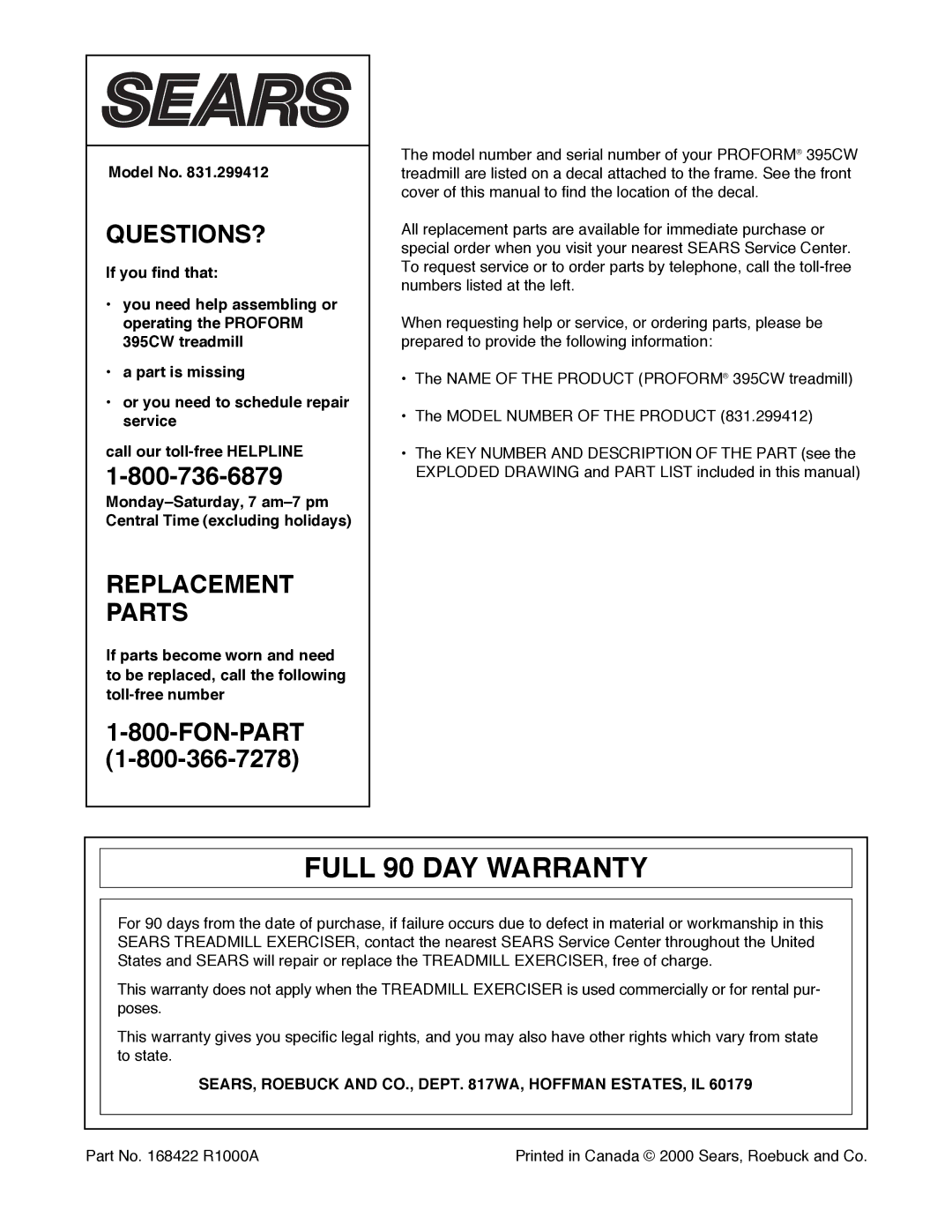 ProForm 831.299412 user manual Full 90 DAY Warranty, Model No, SEARS, Roebuck and CO., Dept WA, Hoffman ESTATES, IL 