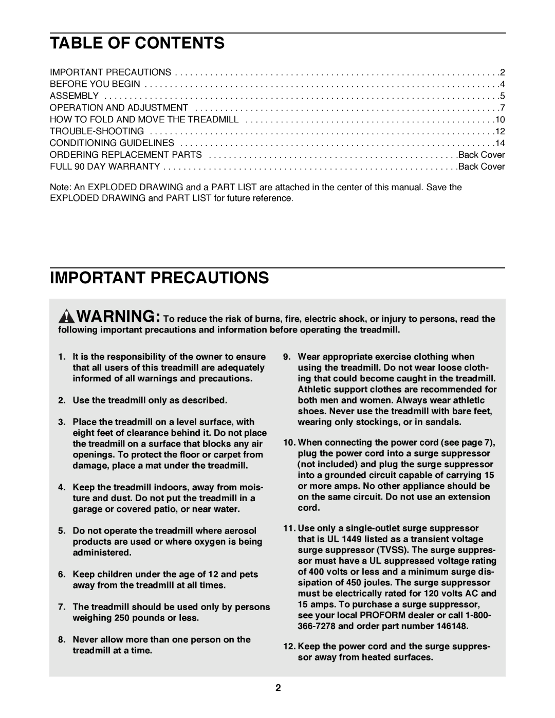 ProForm 831.299412 user manual Table of Contents, Important Precautions 