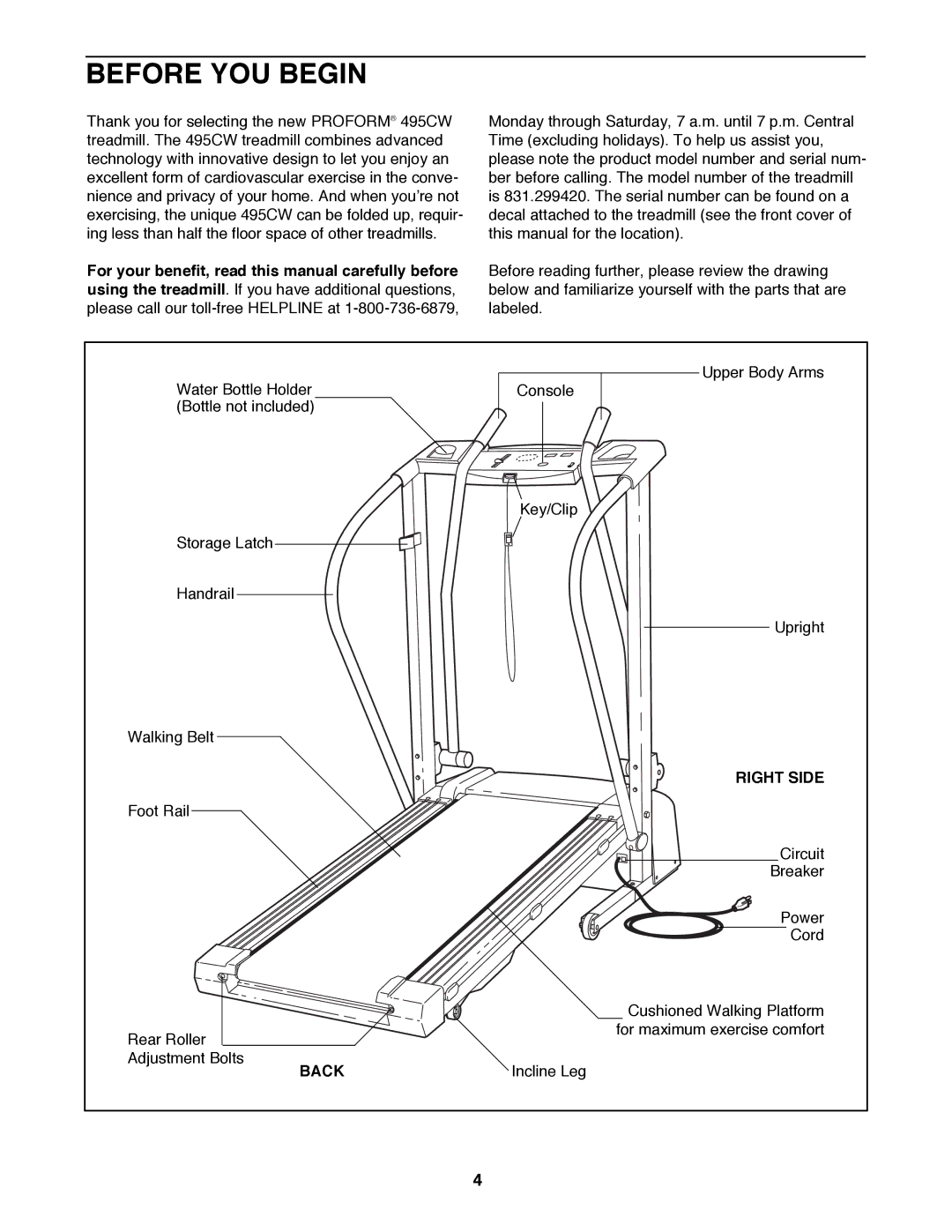 ProForm 831.299420 user manual Before YOU Begin, Right Side, Back 