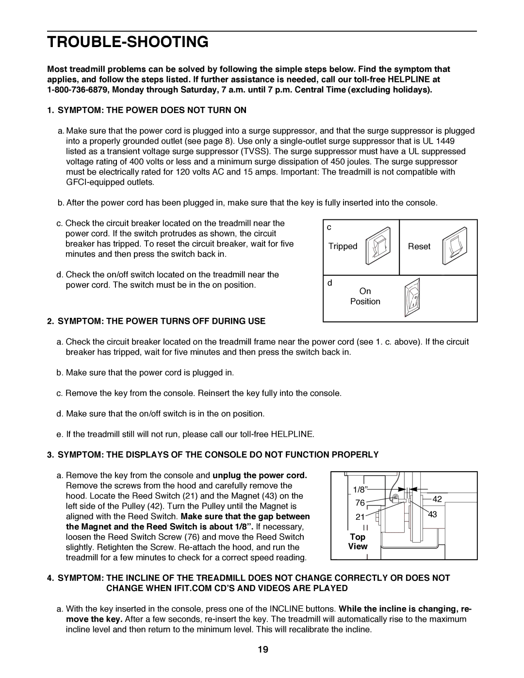 ProForm 831.299450 Trouble-Shooting, Symptom the Power does not Turn on, Symptom the Power Turns OFF During USE, Top 