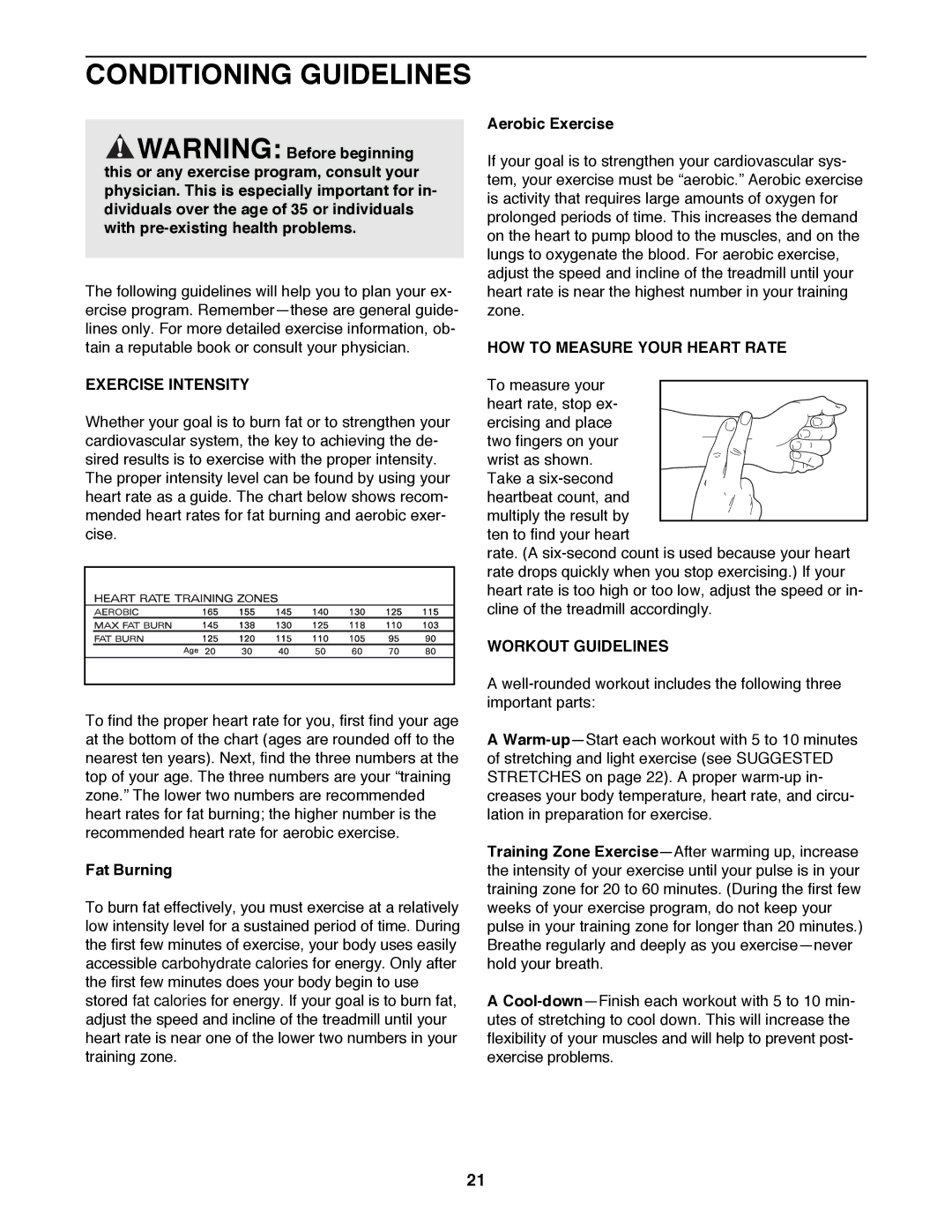 ProForm 831.299450 Conditioning Guidelines, Exercise Intensity, HOW to Measure Your Heart Rate, Workout Guidelines 