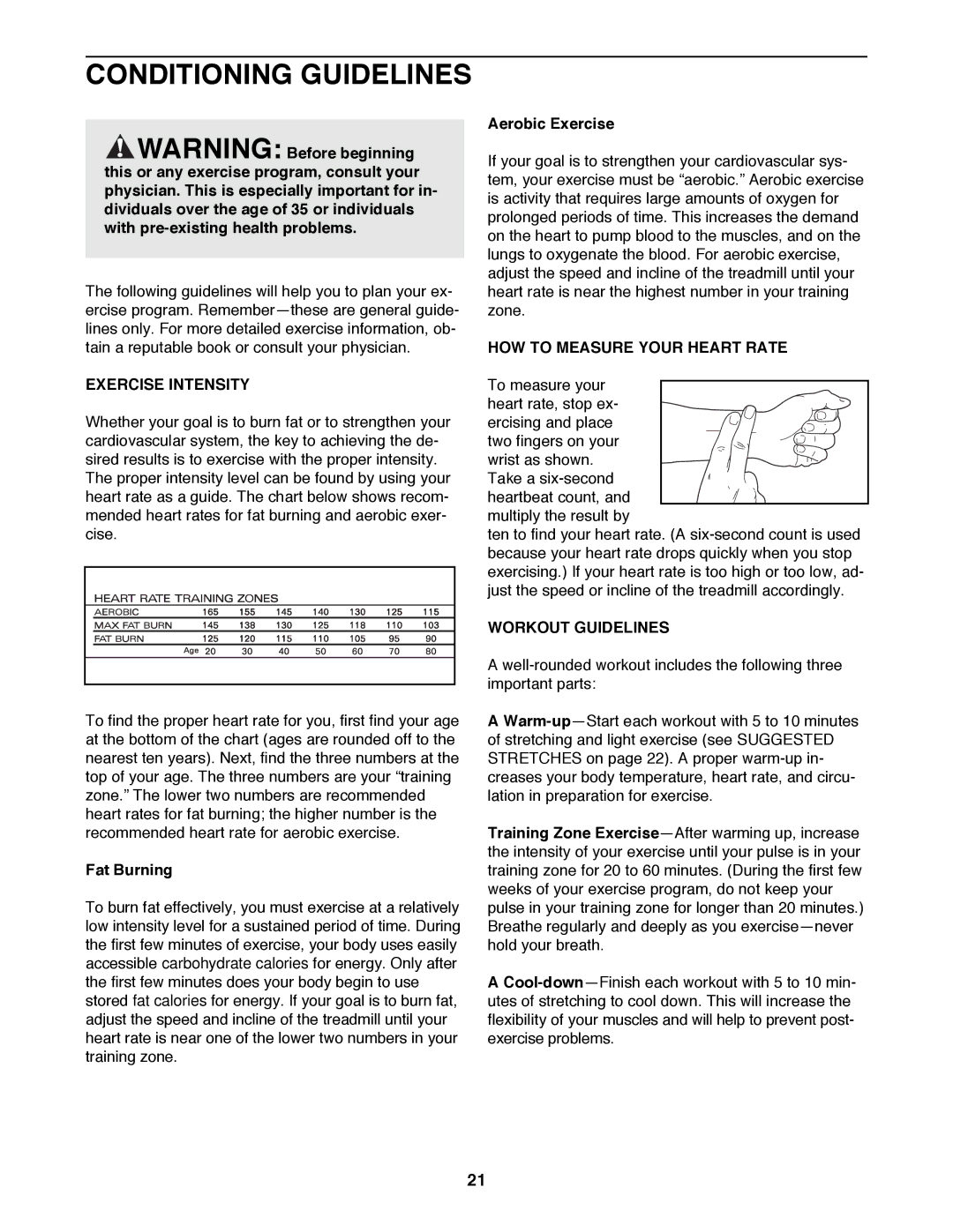 ProForm 831.299451 Conditioning Guidelines, Exercise Intensity, HOW to Measure Your Heart Rate, Workout Guidelines 