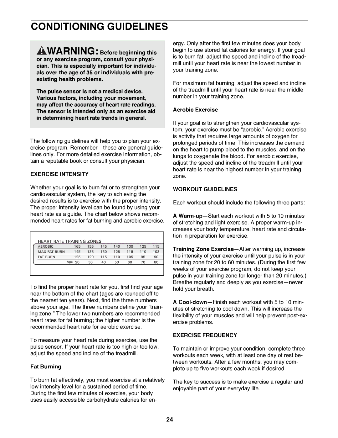 ProForm 831.299463 user manual Conditioning Guidelines, Exercise Intensity, Workout Guidelines, Exercise Frequency 